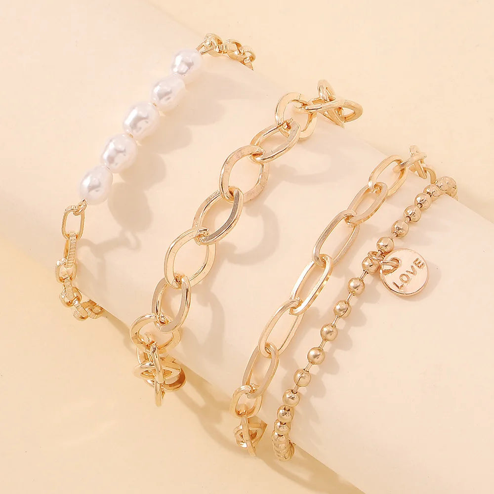 Gold Pearl Layered Bracelet Set