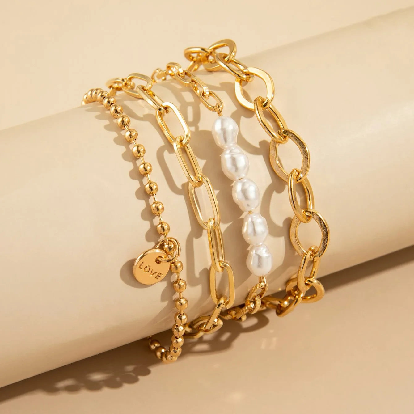 Gold Pearl Layered Bracelet Set