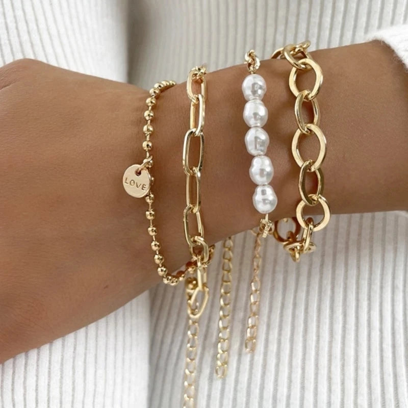 Gold Pearl Layered Bracelet Set